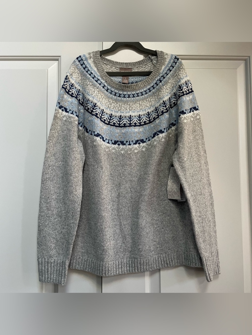 NWT Chico’s Cabin Fairisle Lurex Boat Neck Raglan Norwegian Blue Grey Sweater